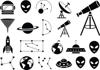 Astronomy and space exploration icon collection featuring rocket telescope alien ufo constellations and earth isolated on white background © SreePoreshChandra