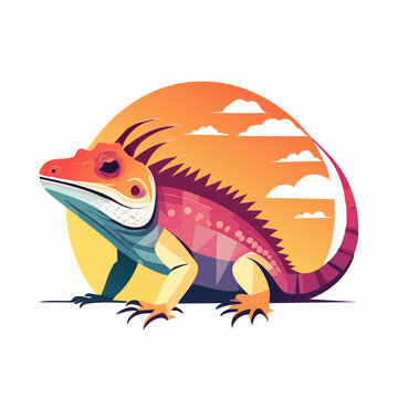Stylized Iguana Illustration with Sunset Background