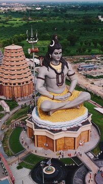Aerial Drone Shot of Lord Shiva Statue at Char Dham Temple, Vrindavan, Mathura, India
