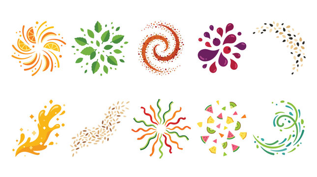 Abstract food elements set with fresh fruits vegetables spices and splashes isolated on white