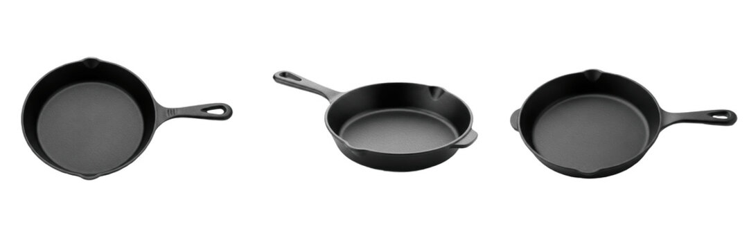 Set black seasoned cast iron skillets isolated on white background professional kitchen cookware collection for home cooking and restaurant culinary projects durable metal pans for searing frying and 