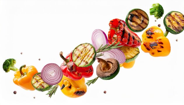 flying grilled vegetable mix with zucchini mushrooms bell peppers and onion isolated on white background