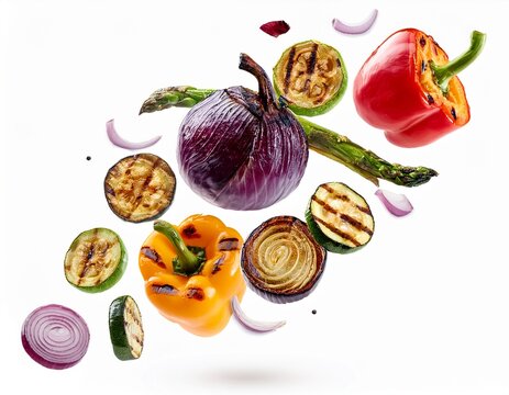 flying grilled vegetables with asparagus zucchini bell pepper and red onion isolated on white background