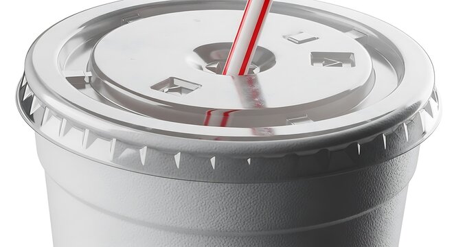 Clear plastic disposable cup with lid and red and white striped straw for cold drinks. fountain cup