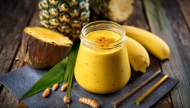refreshing fruit smoothie blend featuring pineapple banana and turmeric
