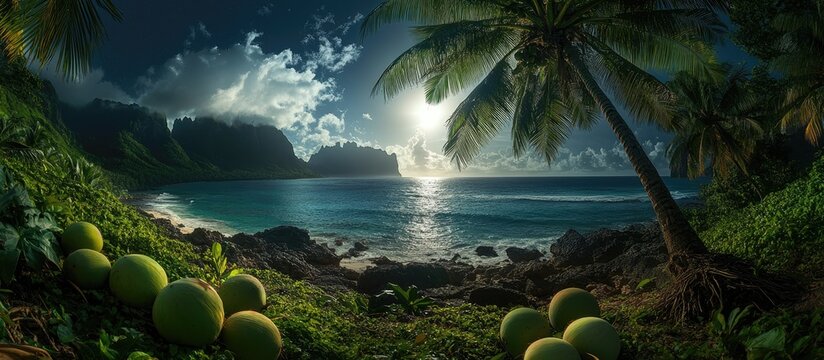 tropical paradise with palm trees and melons on the beach