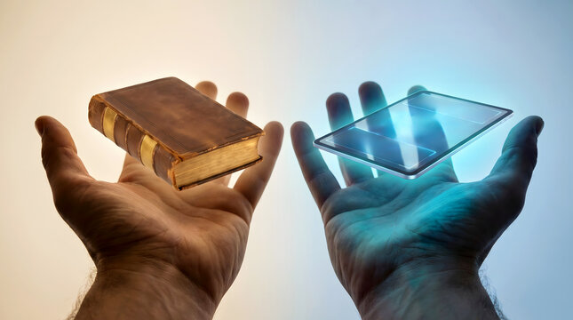 Hands holding a vintage antique book and a modern glowing digital tablet screen representing the from traditional knowledge to digital information with knowledge