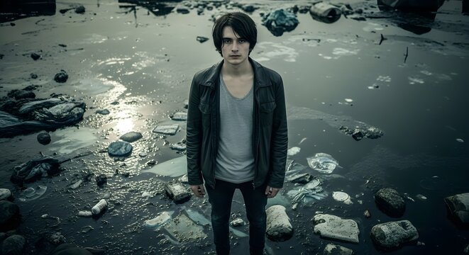 Young man standing solemnly amidst a desolate, trash-strewn environment, contemplating a future marred by pollution and neglect, reflecting societal indifference