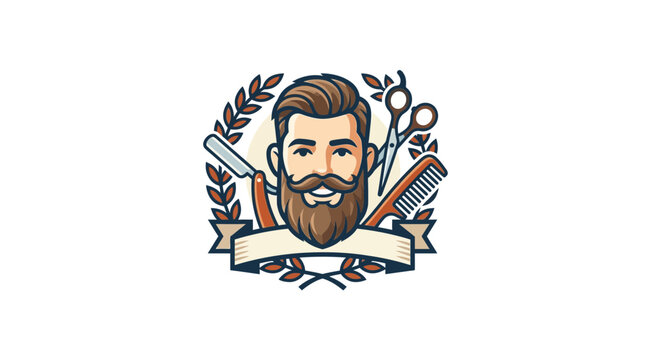 Barber Shop Emblem: Bearded Man, Scissors, Comb, Straight Razor, Laurel Wreath