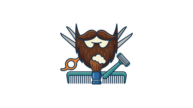 Barber Shop Tools and Beard Grooming Elements on White Background