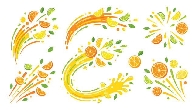 Citrus juice splash collection with orange lemon and lime fruit slices