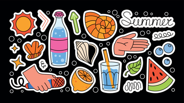 Colorful summer stickers and labels in cartoon comic style. Printable set of vector designs for decoration. Vacation, summer season, tropics, palm trees, shells, hands, palm, sun, stars, leaf, ect. 