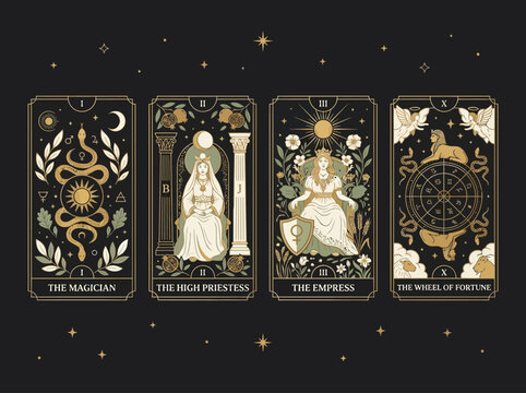 Set of Four Elegant Tarot Card Illustrations: The Magician, High Priestess, Empress, and Wheel of Fortune with Mystical Celestial Symbols