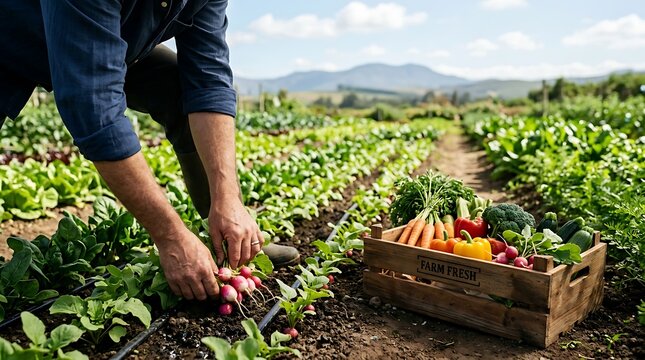 Man harvesting radishes in a field, with a wooden crate of fresh vegetables person
