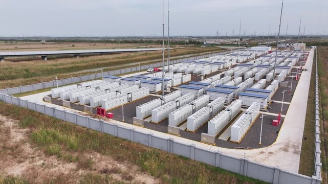Aerial view of a large outdoor energy storage power station facility with battery modules