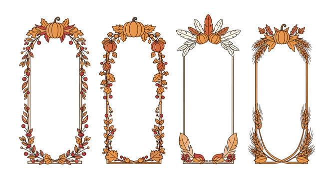Set of four ornate decorative frames with autumn foliage motifs, rustic design, autumnal colors, for borders and graphic elements