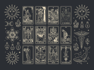 Collection of Mystical Tarot Cards and Esoteric Symbols Including Sun Moon Crystals and Sacred Geometry in Vintage Line Art Style © Erwan