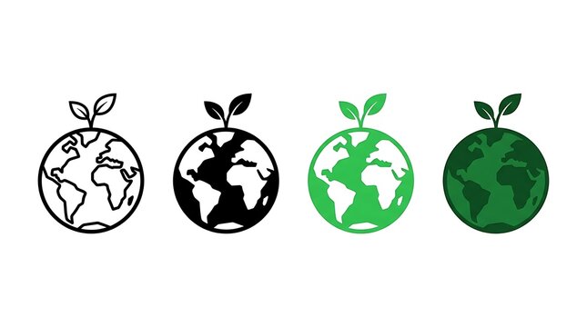 Four variations of a globe with leaves icon on a white background