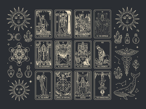Collection of Mystical Tarot Cards and Esoteric Symbols Including Sun Moon Crystals and Sacred Geometry in Vintage Line Art Style