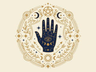 Mystical Palmistry Hand Illustration with Esoteric Celestial Symbols, Moon Phases, Sun, and Pentagram in a Vintage Occult Circle