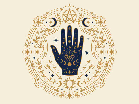 Mystical Palmistry Hand Illustration with Esoteric Celestial Symbols, Moon Phases, Sun, and Pentagram in a Vintage Occult Circle