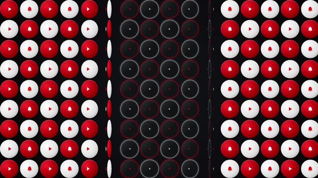Seamless pattern of red and white circles on black background geometric design abstract texture vibrant colors digital artwork modern aesthetic dynamic visual effect motion graphics element