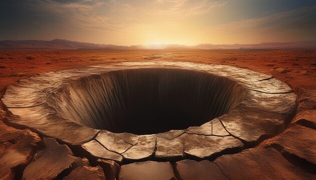large circular sinkhole in cracked earth