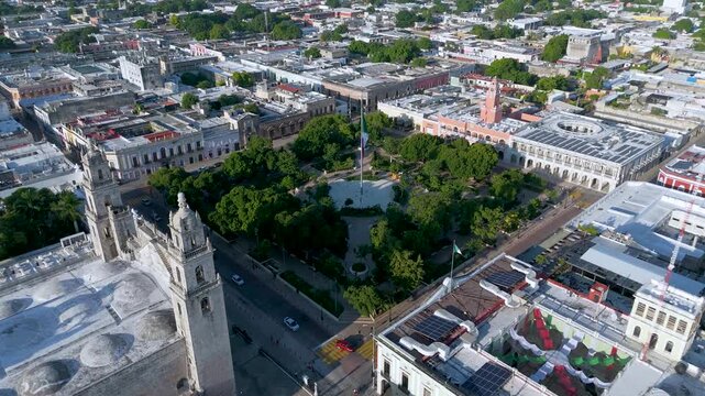 Aerial perspective of the Main Square featuring the Cathedral and Government Palace in Merida Mexico.