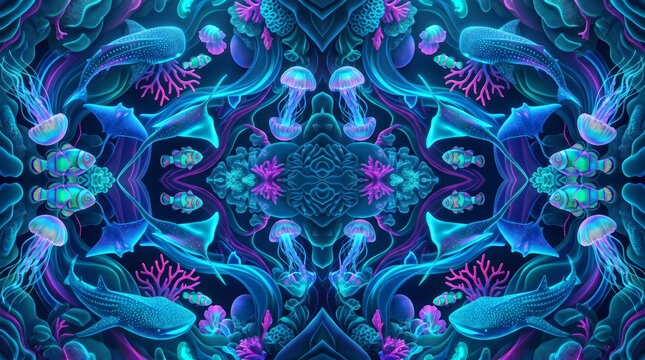 Seamless underwater pattern with glowing whales and jellyfish on dark background