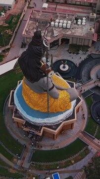 Aerial Drone Shot of Lord Shiva Statue at Char Dham Temple, Vrindavan, Mathura, India
