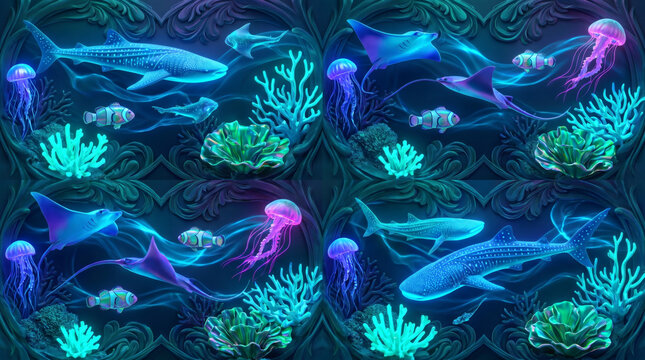 Seamless underwater pattern with glowing whales and jellyfish on dark background