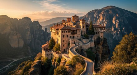 Obraz premium Meteora Monastery on Mountain Cliff at Sunset in Greece
