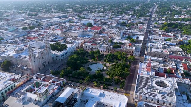 Aerial perspective of the Main Square featuring the Cathedral and Government Palace in Merida Mexico.