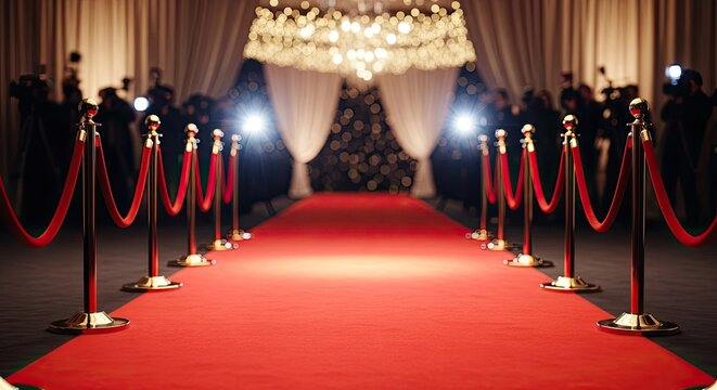 Red Carpet Entrance with Velvet Ropes and Blinding Camera Flashes