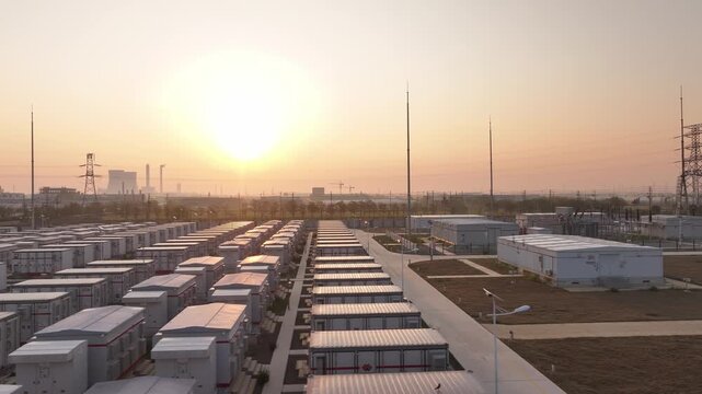 Industrial energy storage container power station landscape at sunset with rows of battery units
