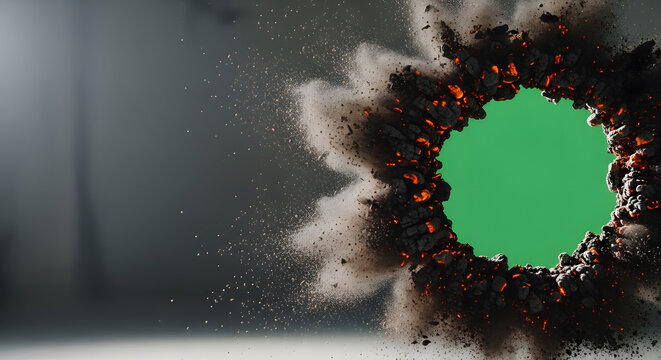 Ash particles explode outward from green screen on dark background