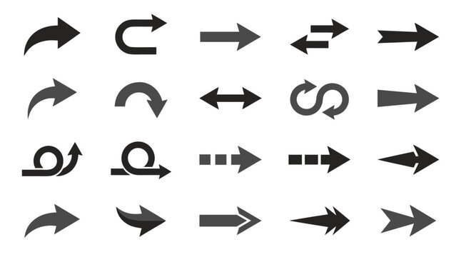 Arrows Navigation Icon Set with Curved and Double-Headed Direction Symbols in Bold Vector Style Featuring Right Arrow, Left Arrow, Up Arrow with Down