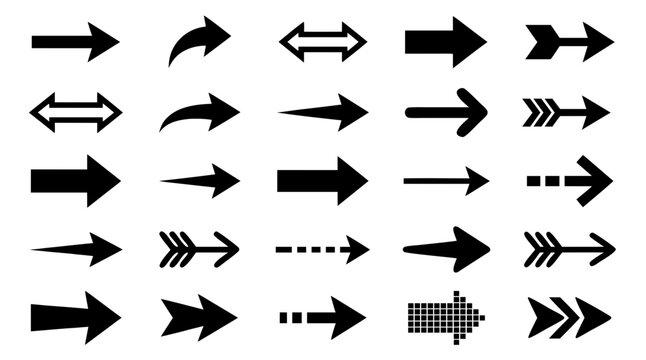Arrows Vector Icon Set with Black Solid, Double, Dashed, Dotted, and Patterned Directional Styles on White Background