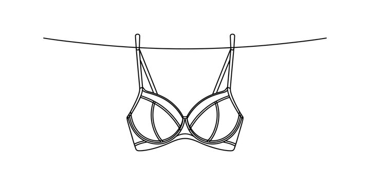 Line art drawing of a bra hanging on a clothesline