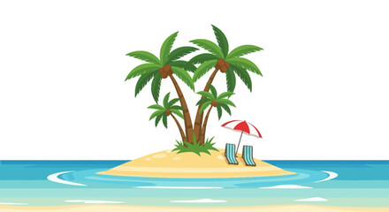 Obraz premium Tropical Island Paradise with Palm Trees, Beach Chairs, and Umbrella