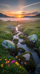 Obraz premium Golden sunset over serene mountain lake with wildflowers.