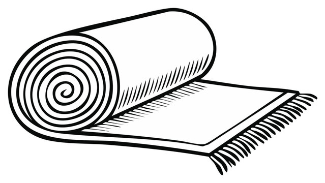 Hand drawn sketch of a rolled up yoga mat with fringe detail on white background