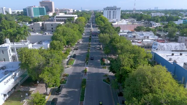 An aerial perspective captures the structural layout of the iconic Montejo Avenue, a prominent historical boulevard in Merida Mexico.