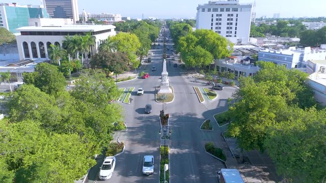 An aerial perspective captures the structural layout of the iconic Montejo Avenue, a prominent historical boulevard in Merida Mexico.