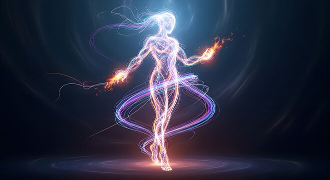 A woman in a mystical dance poses with glowing Energy surrounded by swirling purple lines and emits flames from her hands in a dark room.