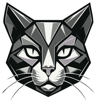 Grayscale Geometric Cat Face Vector Illustration with Sharp Polygonal Shapes and Intense Gaze