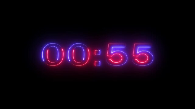Glowing neon 1 minute countdown animation from 60 to 0 seconds.