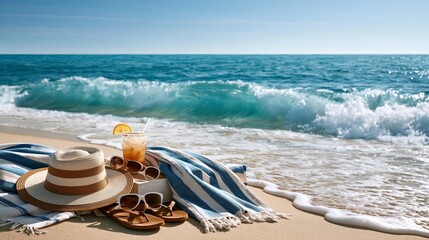 Obraz premium Beach scene featuring a straw hat, sunglasses, and a cocktail on a striped towel with ocean waves and clear blue sky in the background
