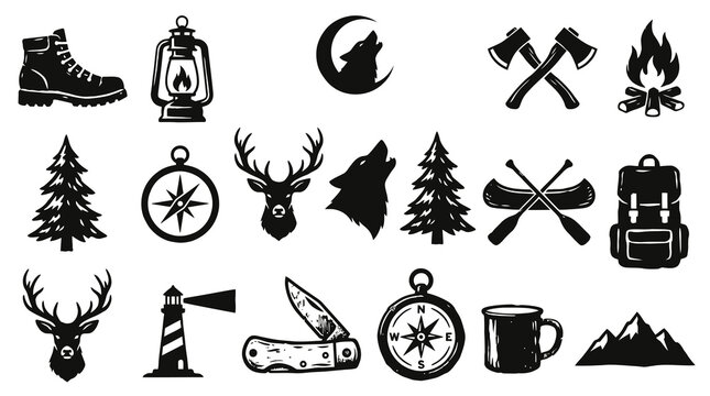 Black  White Vector Icons: Camping, Nature, Adventure  Outdoor Gear Set
