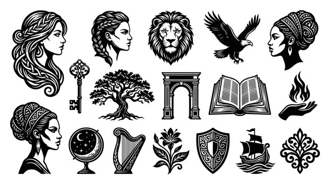 Mythology and Symbolism Vector Art Set. Black  White Iconic Line Art Illustrations Pack